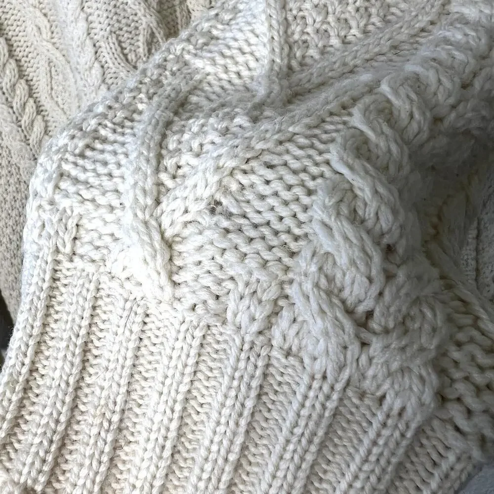Aran Crafts 100% Merino Wool Shawl Collar Cable Knit Pullover Sweater Cream XL